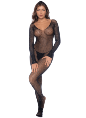 Combinaison noire en résille ornée de strass - MAL1131BKRH